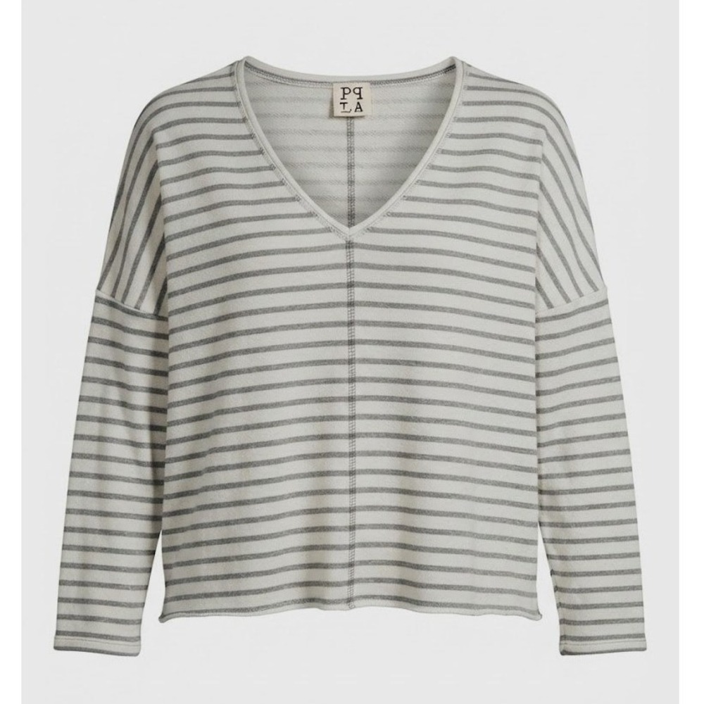 PPLA Clothing Womens Large Gray White Striped Drop Shoulder Pullover Top - IW
